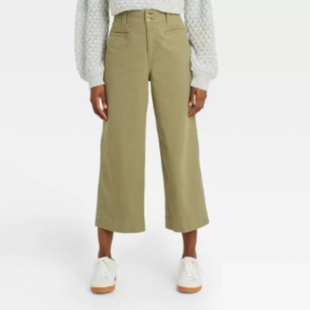 Olive Green High-Rise Cropped Wide Leg Pants